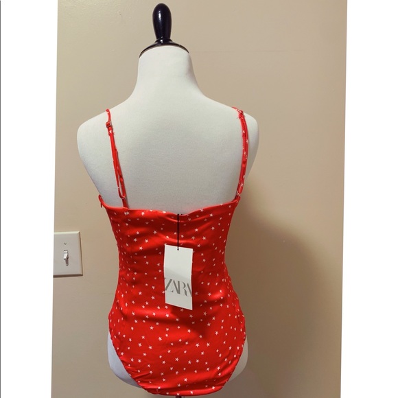 NWT ZARA Bodysuit Lace Up Satin Effect Red & White Stars Sleeveless High Cut S - Picture 10 of 11